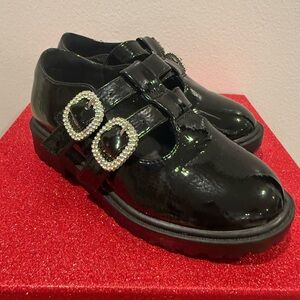 Black faux Leather dress Shoes with Rhinestone Buckles girls 12